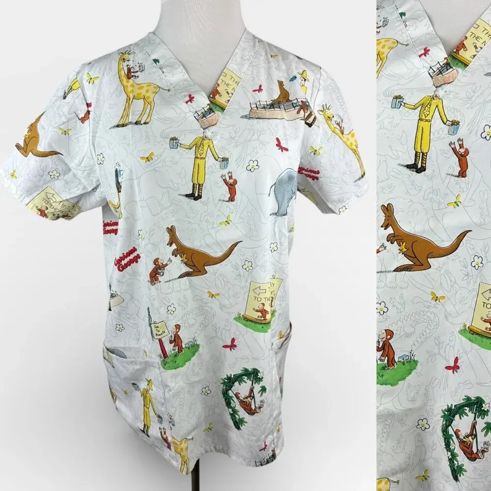 ✨2/$20 Curious George Adventures Cartoon Nurse CNA V-Neck Scrub Top Large - Picture 1 of 13